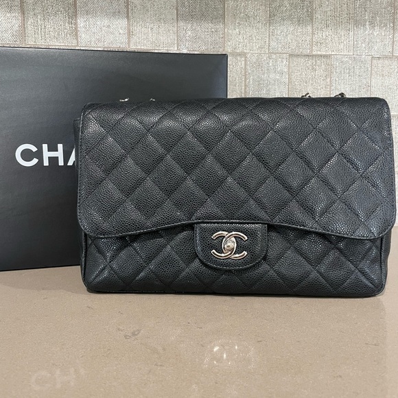 SOLD CHANEL Classic Black Quilted Caviar Silver Chain Jumbo Large Flap Bag - Picture 1 of 13